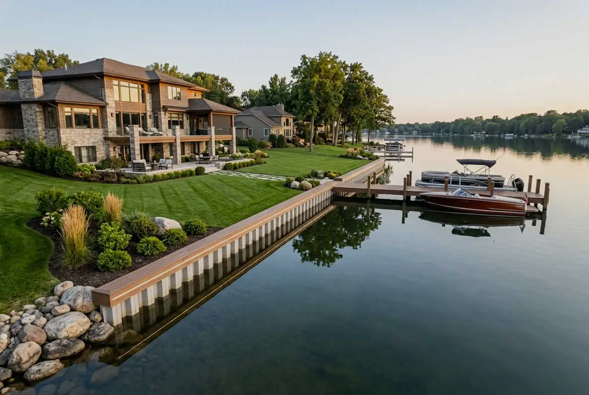 Well-maintained lakefront bulkhead protecting a waterfront home and lawn.
