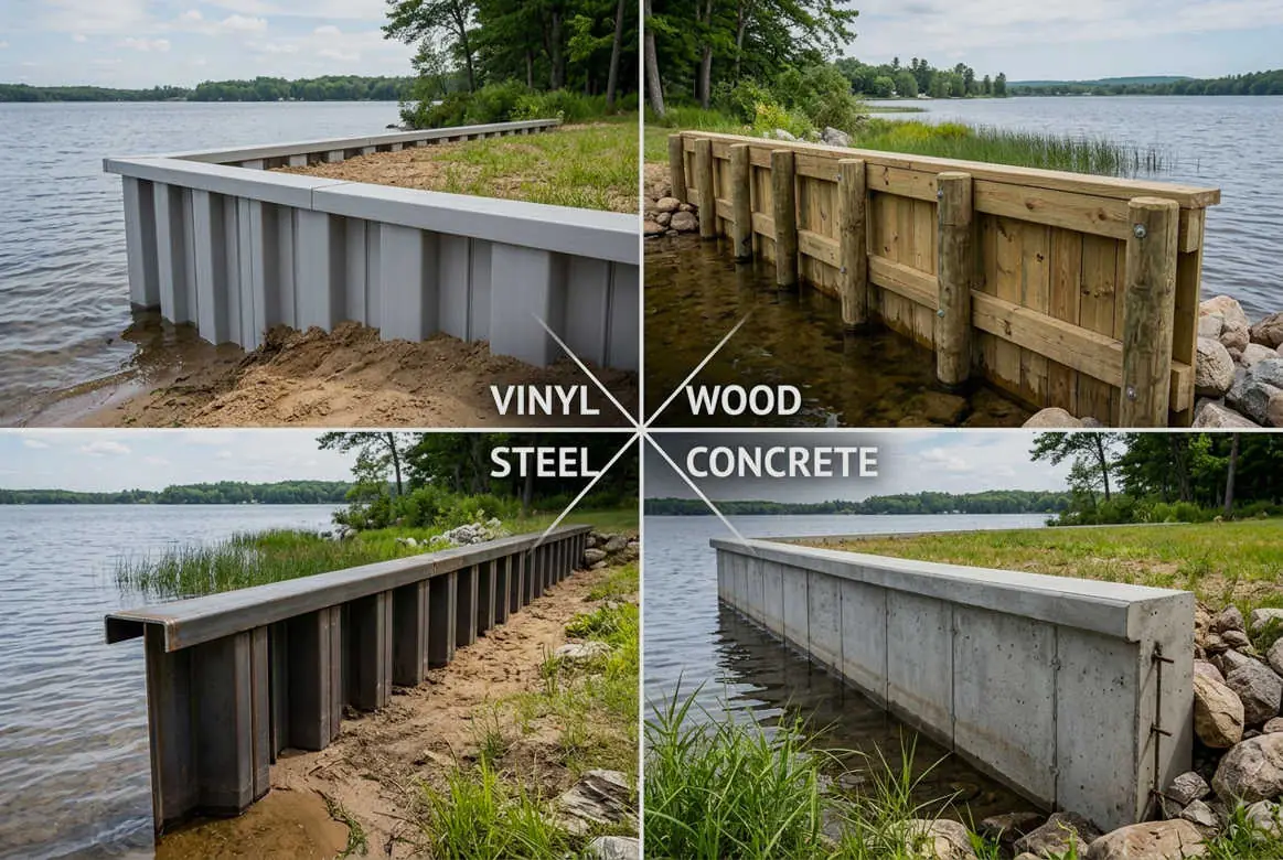 Bulkhead materials — vinyl sheet pile, treated timber and steel.