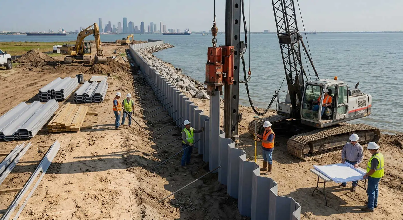 Seawall construction in progress on a freshwater lakefront.